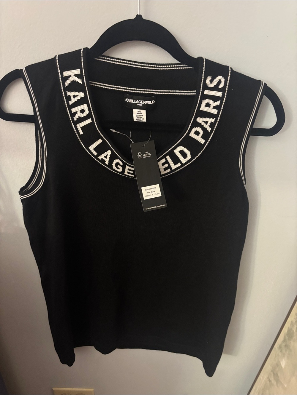 Karl Lagerfeld Black Tank Top with White Logo Trim